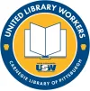 United Library Workers Logo, yellow and blue, with an open book and the USW logo in the center.