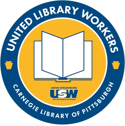 United Library Workers Logo, yellow and blue, with an open book and the USW logo in the center.